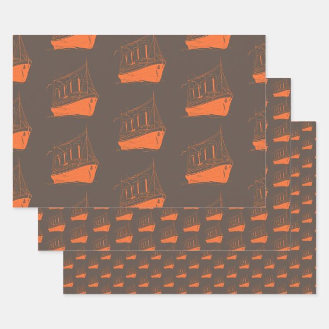 Feuille De Papier Cadeau Bateau à voile Nautical Retro Brown Orange (Lot)