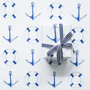 Feuille De Papier Cadeau Bateau Bleu Ancre et Anneau de Sauvetage Naution