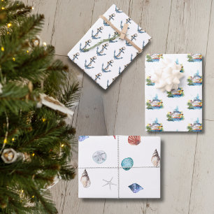 Feuille De Papier Cadeau Bateau de croisière nautique, Ancre et coquillages