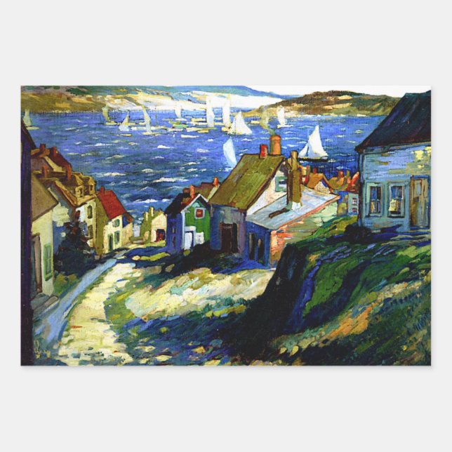 Feuille De Papier Cadeau Bateaux à voile au port, peinture d'art (Devant)