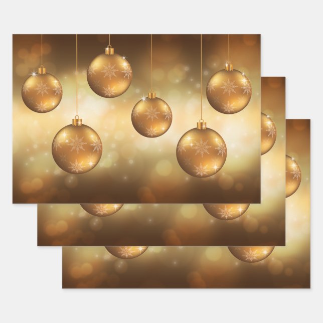 Feuille De Papier Cadeau Baubles De Noël Jaune D'Or Sur Bokeh Jaune (Lot)