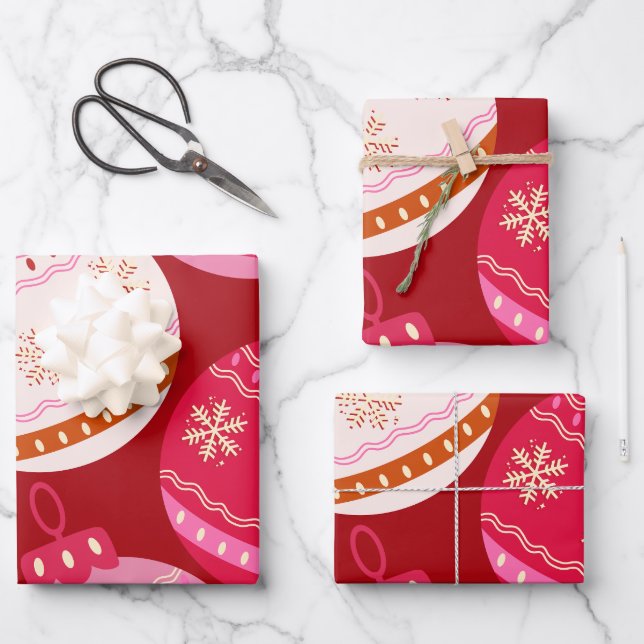 Feuille De Papier Cadeau Baubles De Noël Rose Et Rouge (Recto)