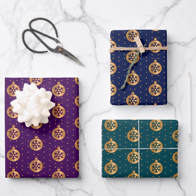 Feuille De Papier Cadeau Baubles de Noël sur violet, marine et Turquoise (Recto)