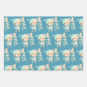 Feuille De Papier Cadeau Bear mignonne et sapin de Noël Motif de vacances