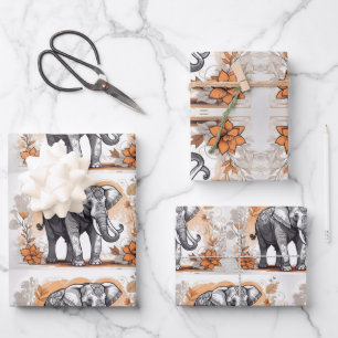 Feuille De Papier Cadeau Beau éléphant marchant dans des fleurs jaunes