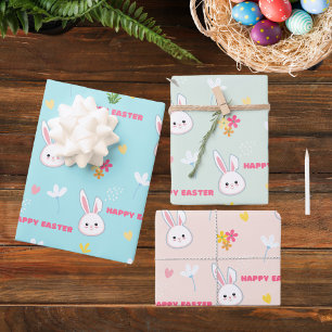 Feuille De Papier Cadeau Beau Pastel Printemps Fleurs Bunny Joyeux Pâques
