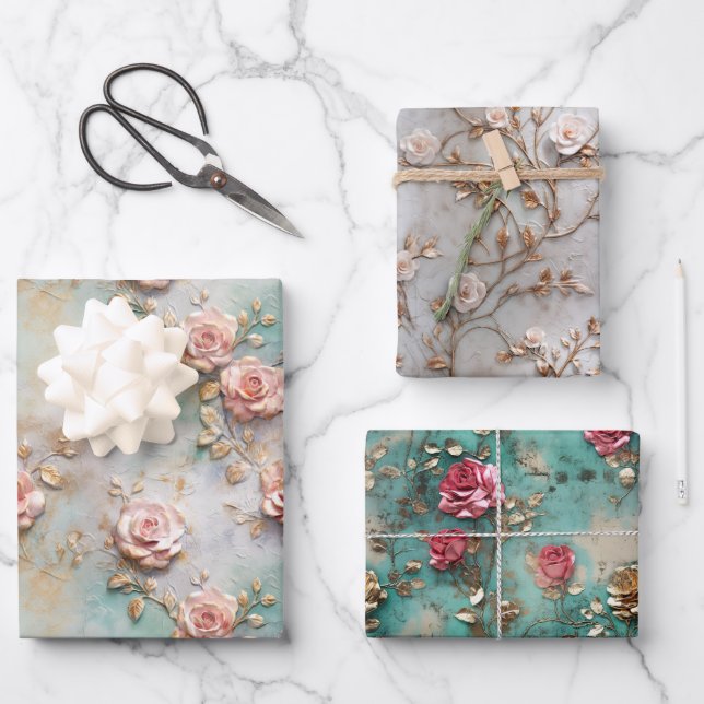 Feuille De Papier Cadeau Beau Romantique Rose rose rose Roses romantiques (Recto)