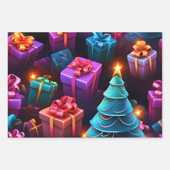 Feuille De Papier Cadeau Beau thème cadeau de Noël 3D (Devant 2)