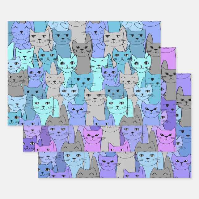 Feuille De Papier Cadeau Beaucoup de chats bleus et violets (Lot)