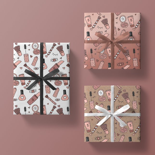 Feuille De Papier Cadeau beauté doodles joli maquillage rose + cosmétiques  (Créateur téléchargé)