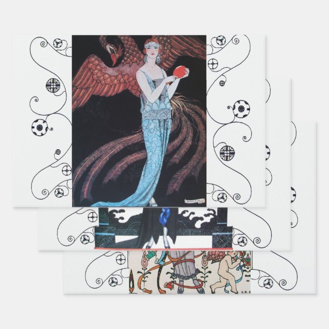 Feuille De Papier Cadeau BEAUTÉ ET PHOENIX Art Déco Femme Mode (Lot)