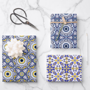 Feuille De Papier Cadeau 💗 Beaux Azulejos bleus et jaunes,