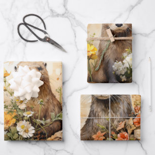 Feuille De Papier Cadeau Beaux castors et fleurs Vintages inspirés