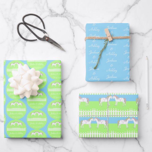 Feuille De Papier Cadeau Beaux Chevaux Blancs de Mariage sur Mesure (Recto)