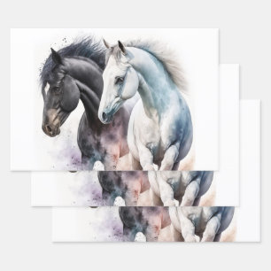 Feuille De Papier Cadeau Beaux Chevaux en Aquarelle