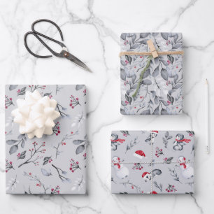 Feuille De Papier Cadeau Beaux modèles de Noël rouge et gris sur gris
