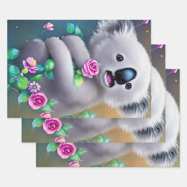 Feuille De Papier Cadeau Bébé adorable Ours Koala avec fleurs (Lot)
