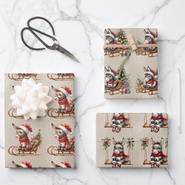 Feuille De Papier Cadeau Bébé ânes Enfants de Noël (Recto)