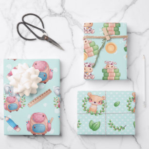 Feuille De Papier Cadeau Bébé Animaux Bleu pour garçon