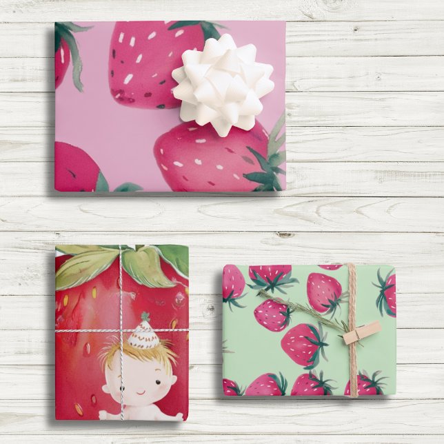 Feuille De Papier Cadeau Bébé anniversaire fraise envelopper fraises en ros (Créateur téléchargé)