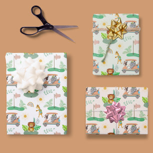 Feuille De Papier Cadeau Bébé Bohème Éléphant, Singe, Lion Motif Bébé Golf
