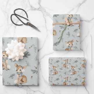 Feuille De Papier Cadeau Bébé Cerf d'Hiver avec Cache-Oreilles Flocons de N