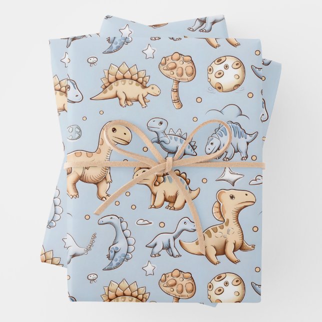 Feuille De Papier Cadeau Bébé dinosaures sur bleu (En situation)