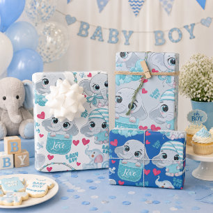 Feuille De Papier Cadeau Bébé Éléphant Garçon Mignon Bleu Baptême Baby Show