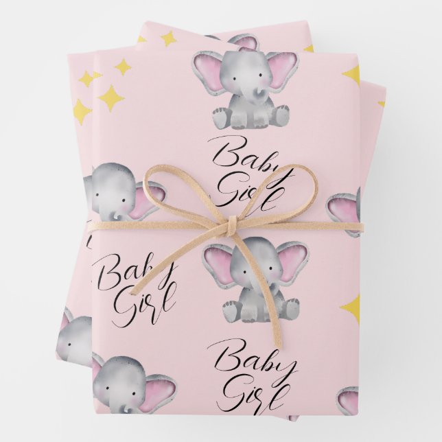 Feuille De Papier Cadeau Bébé éléphants bébé douche fille (En situation)