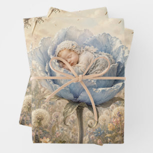 Feuille De Papier Cadeau Bébé endormi dans une fleur bleue avec des pissenl