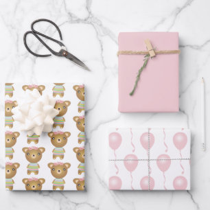 Feuille De Papier Cadeau Bébé Fille Ours Avec Ballons, Motif Rose