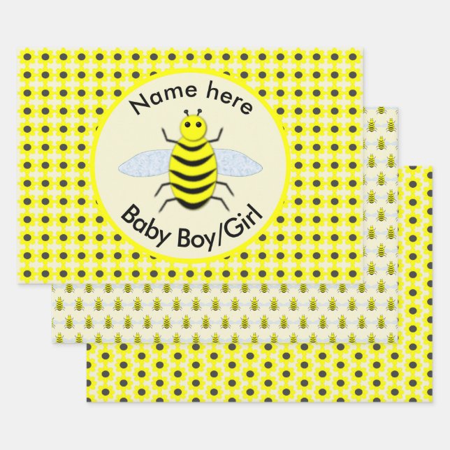 Feuille De Papier Cadeau Bébé jaune mignon abeille Sexe Neutre Personnalisé (Lot)