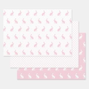 Feuille De Papier Cadeau Bébé lapins rose et blanc avec Motif Pois.