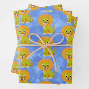 Feuille De Papier Cadeau Bébé lion mignon imprimé vintage sur fond bleu