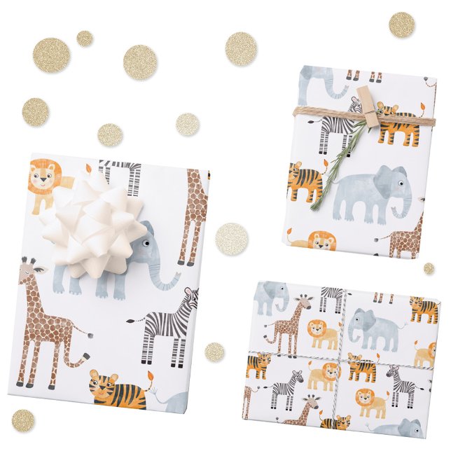 Feuille De Papier Cadeau Bébé mignet Safari animal Motif d'aquarelle (Cute watercolor Safari Animals baby lion, giraffe  & elephant gift wrapping paper sheets)