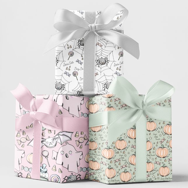 Feuille De Papier Cadeau Bébé mignon Éffrayant Halloween Octobre Anniversai (Cute October Birthday Halloween Kids Gift Wrap. Cute Baby Ghosts, Bats, Pumpkins & Spiders & Candy.)
