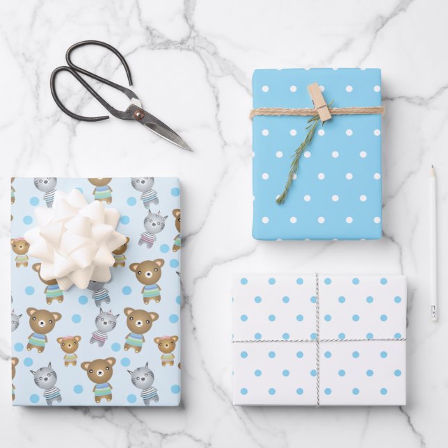 Feuille De Papier Cadeau Bébé Ours Et Zèbre, Polka Dot (Recto)