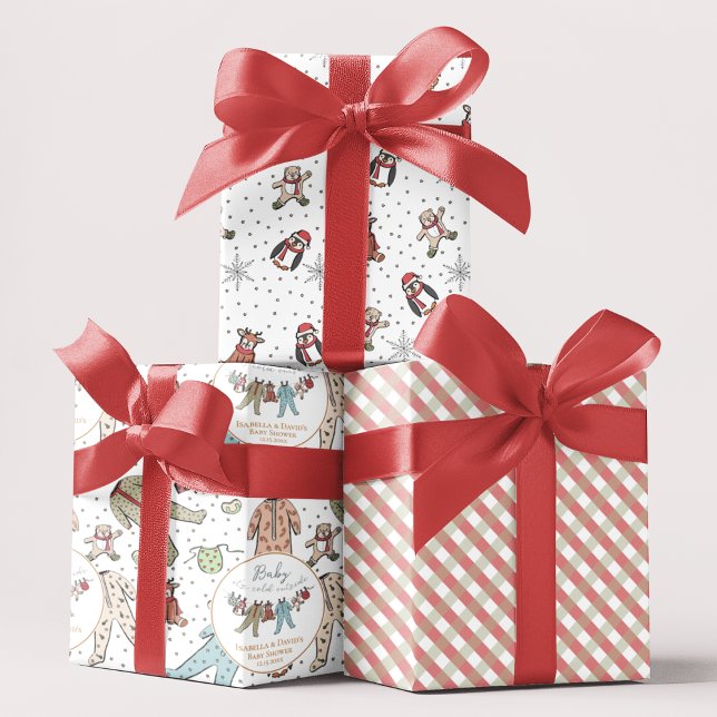 Feuille De Papier Cadeau Bébé son Baby shower froid à l'extérieur de l'hive (Christmas Winter Baby Shower Gift Wrap. Baby Xmas Pajamas, Cute Animals, Snowflakes, Gingham Pattern)