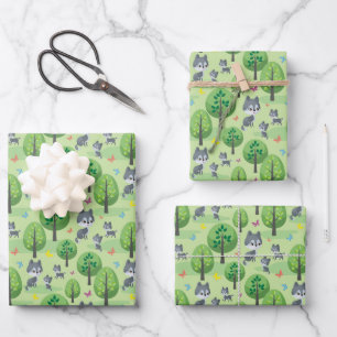 Feuille De Papier Cadeau Bébés loups jumeaux mignons et motif en carrelage 