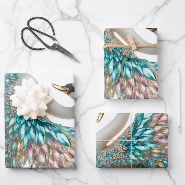 Feuille De Papier Cadeau Bedazzled Diamond Swan Gold Crystal Bling (Recto)