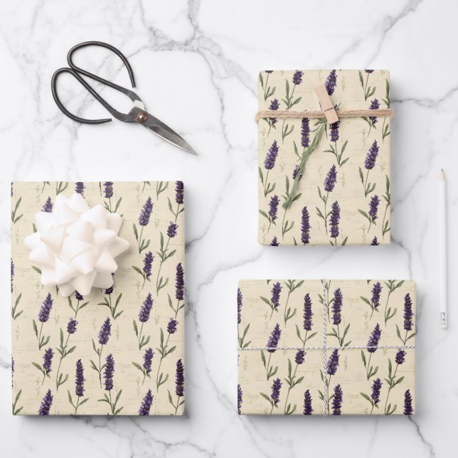 Feuille De Papier Cadeau Beige Lavande Floral Botanique Beige Violet  (Recto)