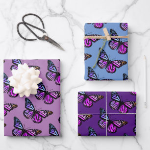 Feuille De Papier Cadeau Belle Aquarelle Papillons Motif pourpre