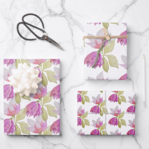 Feuille De Papier Cadeau Belle Aquarelle rose Fleurs peintes à la main