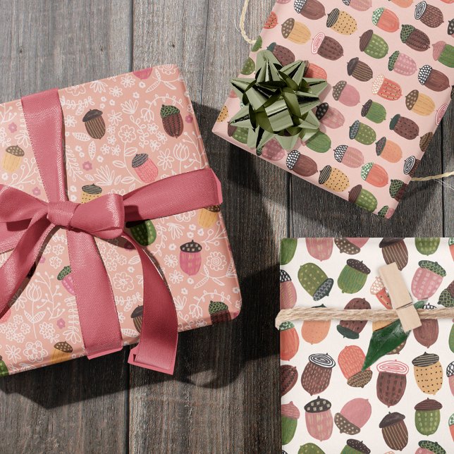 Feuille De Papier Cadeau Belle Automne Rose Automne Acorn (Cute pink Acorn fall all-over print Wrapping Paper Sheets)
