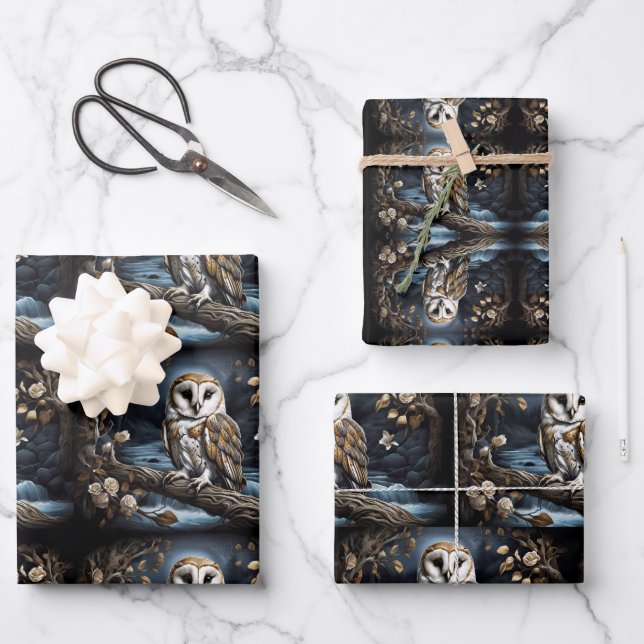 Feuille De Papier Cadeau Belle chouette de grange sur une branche (Recto)