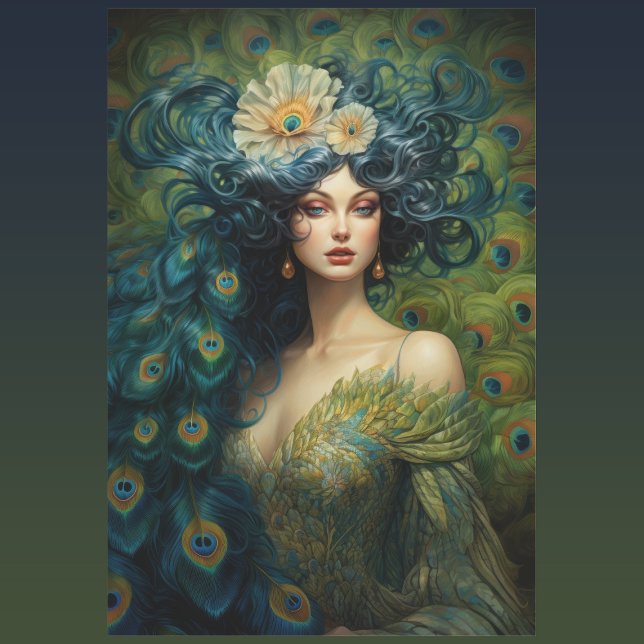 Feuille De Papier Cadeau Belle femme entourée de plumes de paon (Créateur téléchargé)