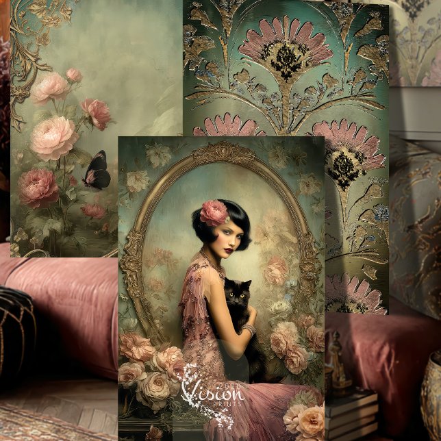 Feuille De Papier Cadeau Belle Noir Flapper Black Cat Art Deco Roses (Three art deco panels styled on blush pink backdrop with roses and vintage books)