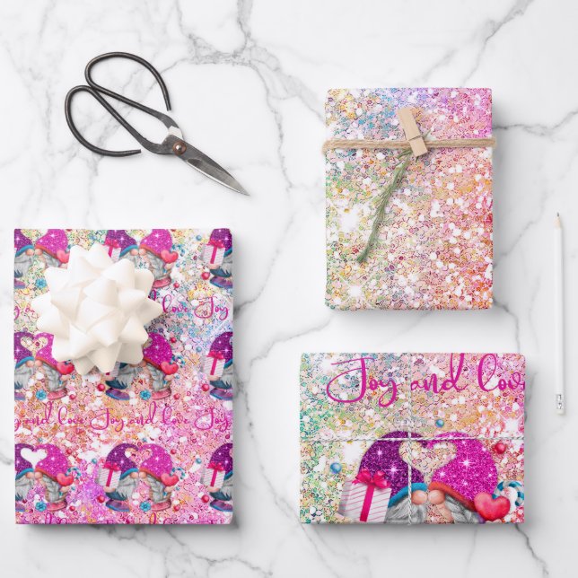 Feuille De Papier Cadeau Belle parties scintillant rose gnome Noël (Recto)