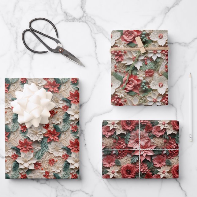 Feuille De Papier Cadeau Belle Poinsettia rouge blanc et verte (Recto)