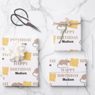 Feuille De Papier Cadeau Belle Souris Rodent Manger Fromage Anniversaire